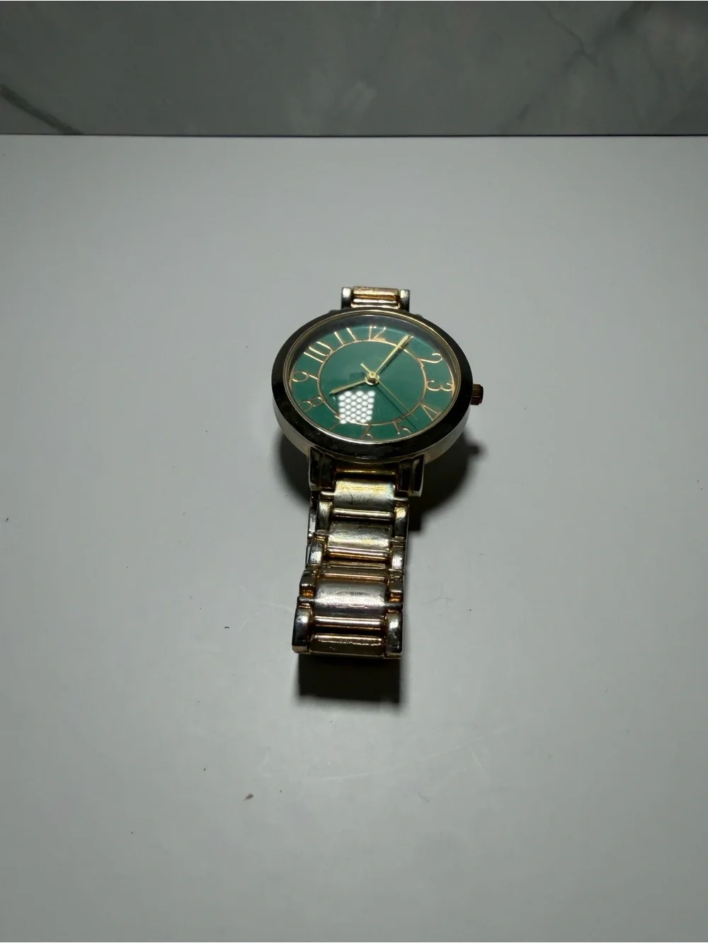 Francescas womens wristwatch green round dial metallic link bracelet watch